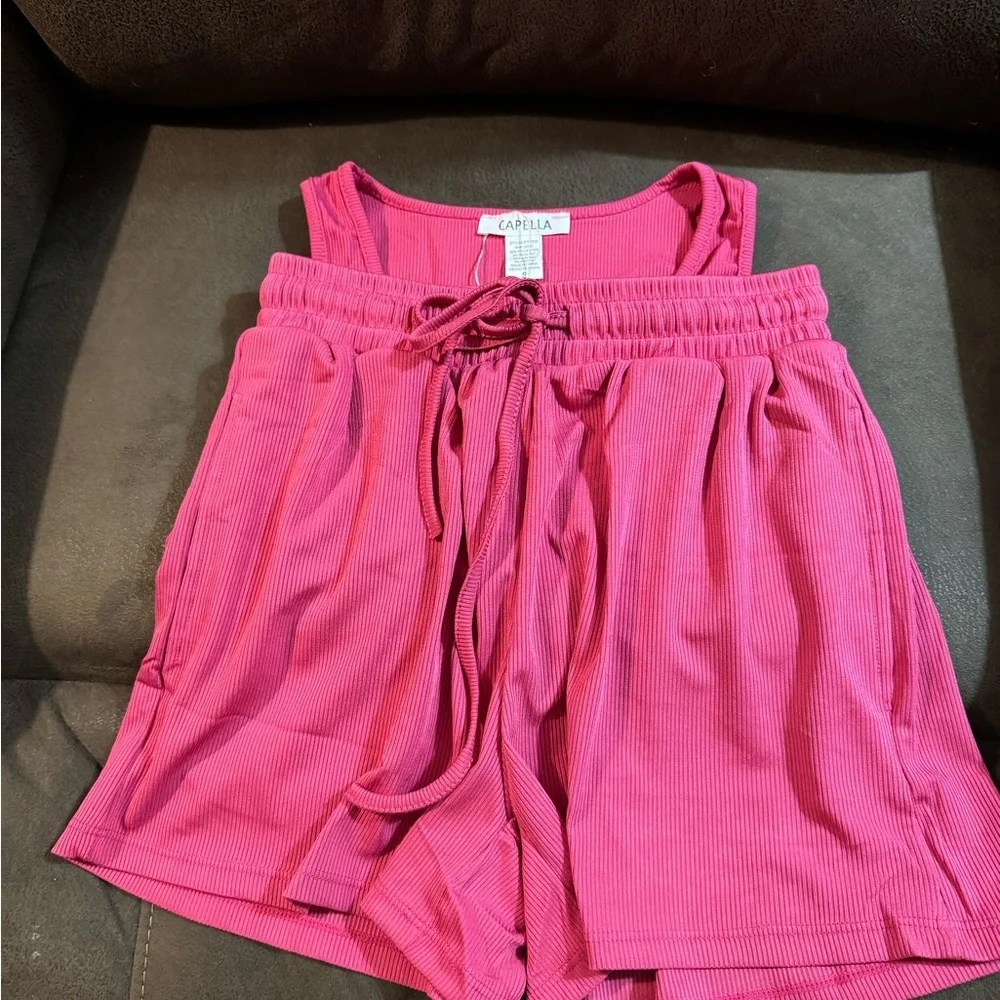Capella Pink Ribbed Lounge Set | Crop Tank & Drawstring Shorts | New‎ With Tags